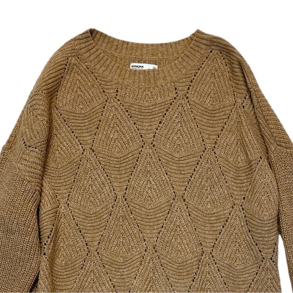 Sonoma Womens XXL Chunky Knit Sweater Tan Diamond Stitch Oversized Crewneck - Picture 2 of 7